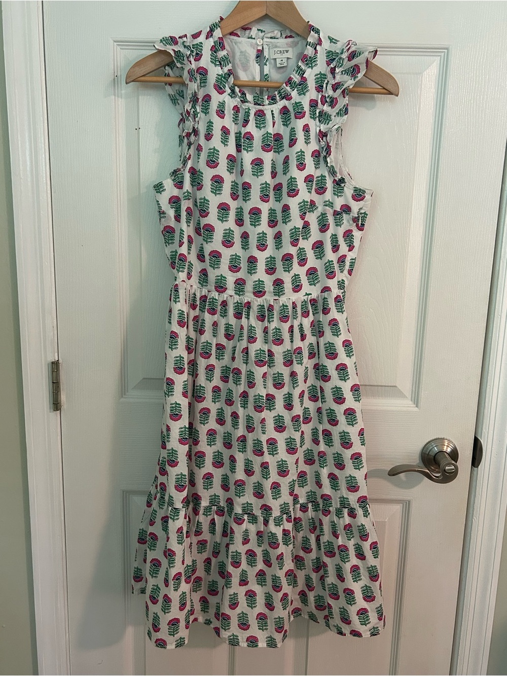 J. Crew White Midi Dress with Pockets, Pink & Green Floral Print